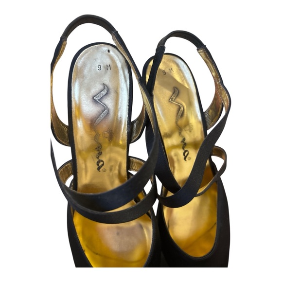 VINTAGE NINA SATIN BLACK CRISS CROSS STRAPY 3" HEELS W GOLD TONE LINED SZ 9 - Picture 5 of 6